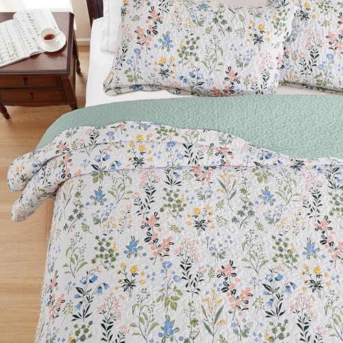 LEAONME 3-Piece Queen Quilt Set Floral Printed Bedspread