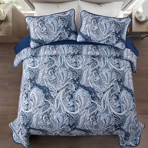 DJY Navy Paisley Queen Quilt Set 3 pcs