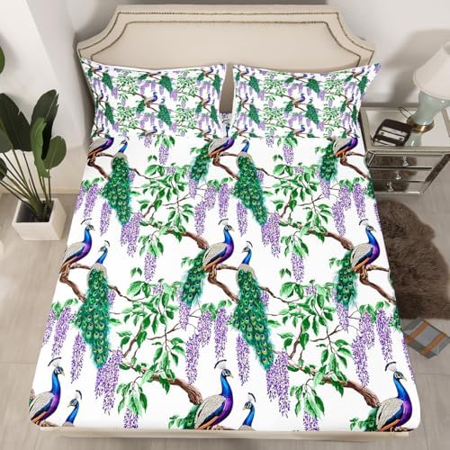 Jejeloiu Peacock King Size Bed Sheet Set