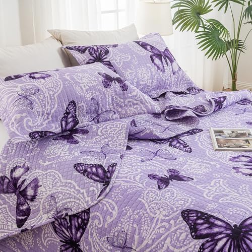 ARTALL Quilt Set 3-Piece Full Queen Size Paisley Butterfly Purple