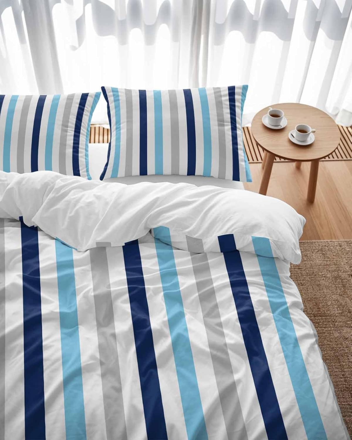 ZOE GARDEN Navy Blue Stripe Queen Duvet Cover Set 3 pcs