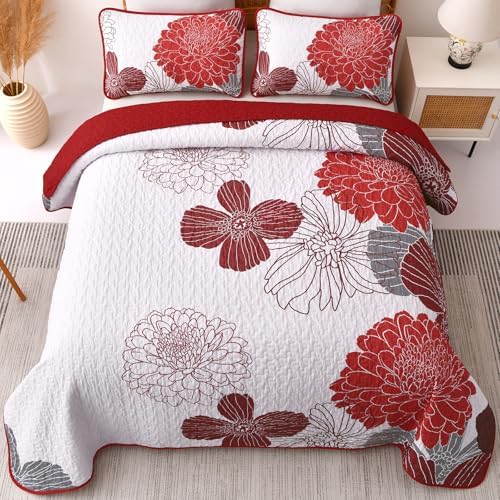 Anibedding Queen Quilt Set Red Floral Pattern 3 Piece