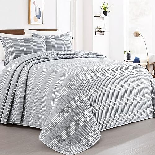 HOMBYS 132x120 Seersucker Patchwork Quilt Set Grey