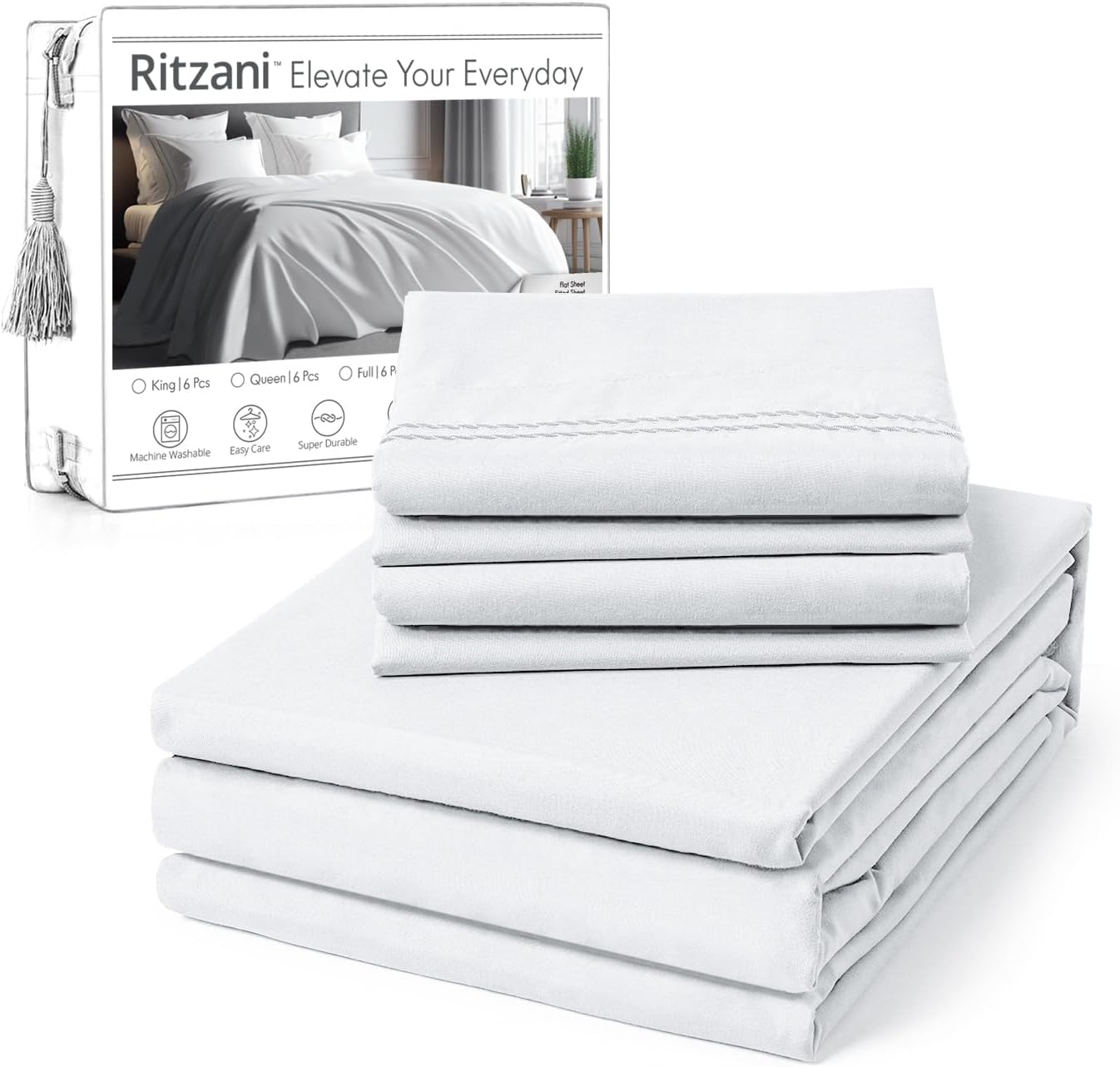 RITZANI King Size Sheet Set - 6 Piece Deep Pocket Luxury Bedding