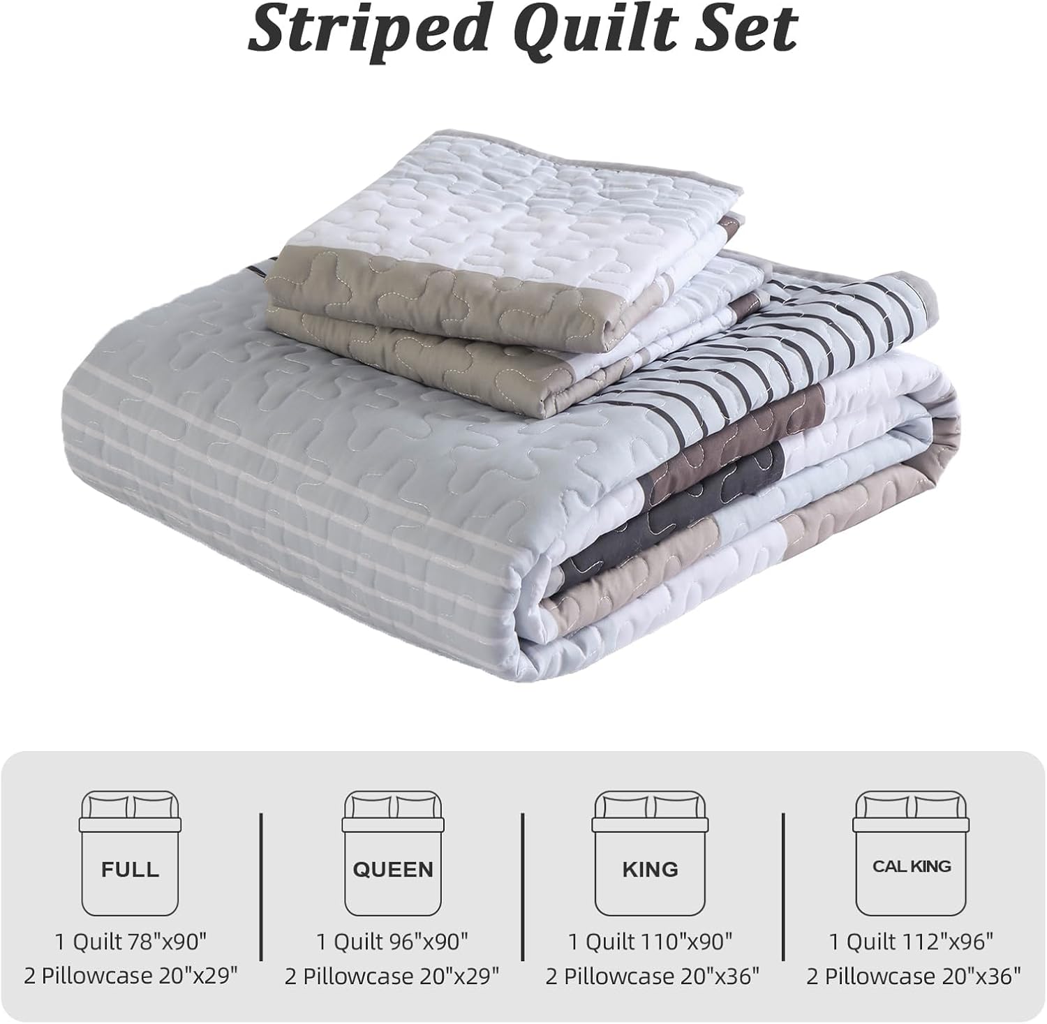 Dinjoy Grey Boho Quilt Set Queen Size Striped Patchwork 1