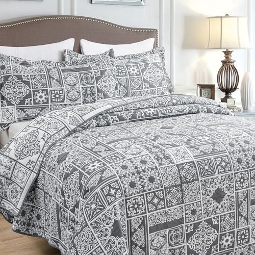 Asuexpect 3 Piece Grey Patchwork Bedspread Set King Size 1