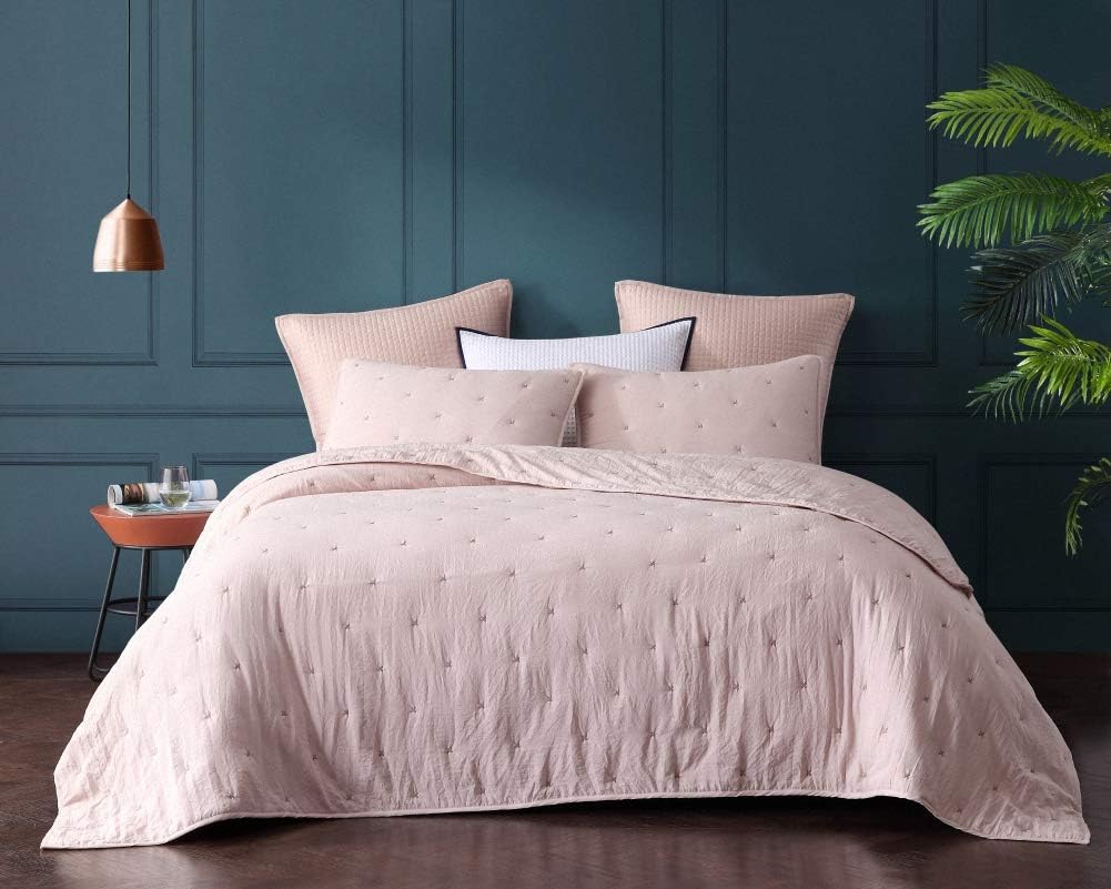 BOURINA Embroidery Quilt Set - 3-Piece Star Design Flesh Pink