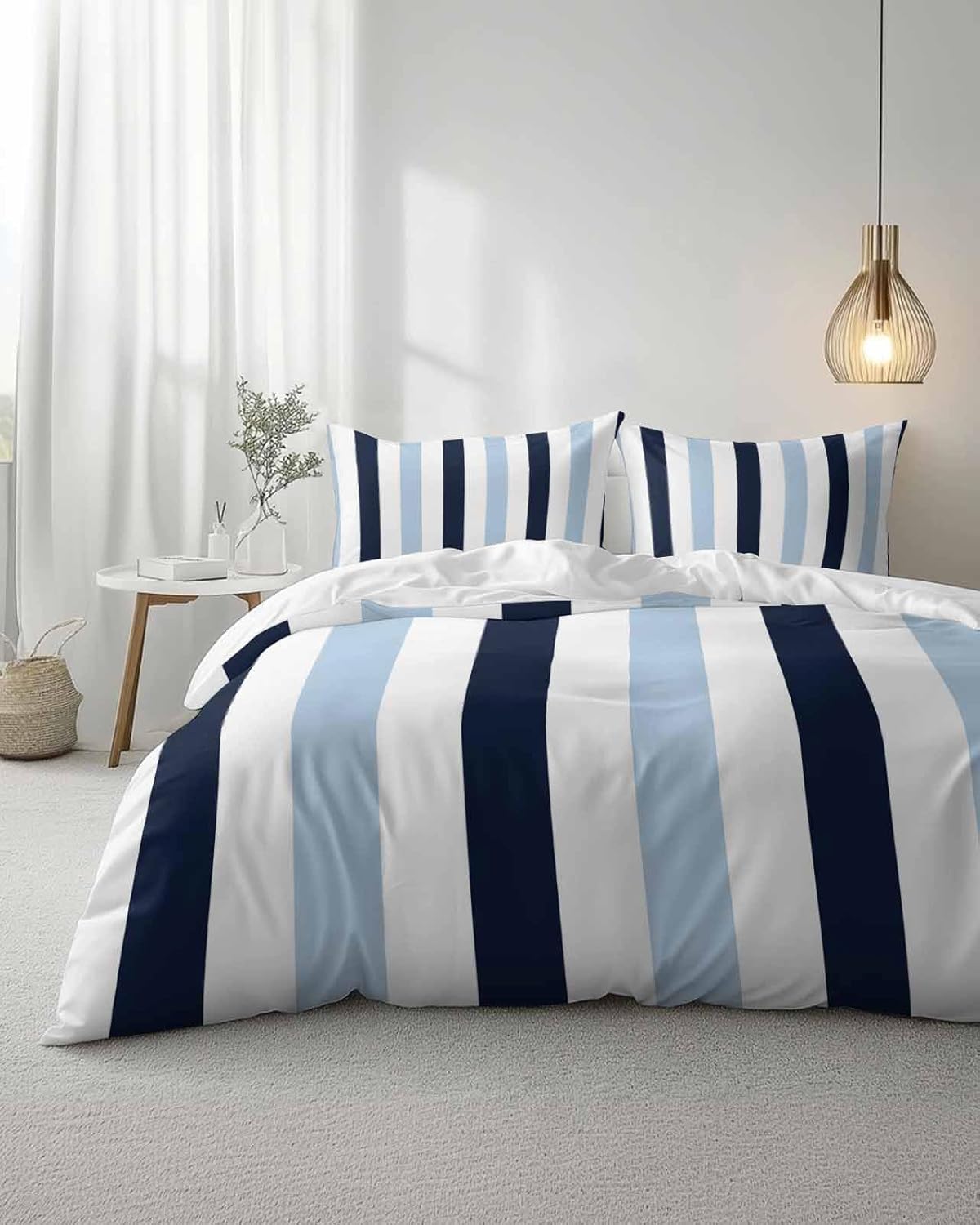 ZOE GARDEN Blue Vertical Stripes Duvet Cover Queen Set 1