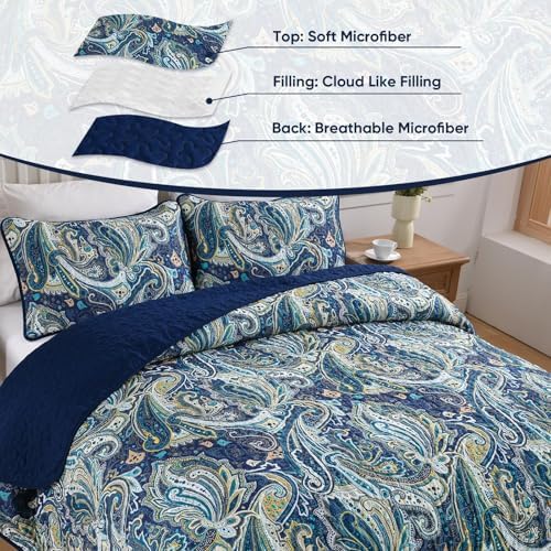DJY Navy Blue Paisley Quilt Set 3 Piece King Size