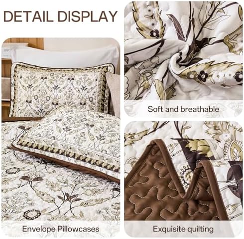 DJY Brown Floral Quilt Set King 3 Pieces