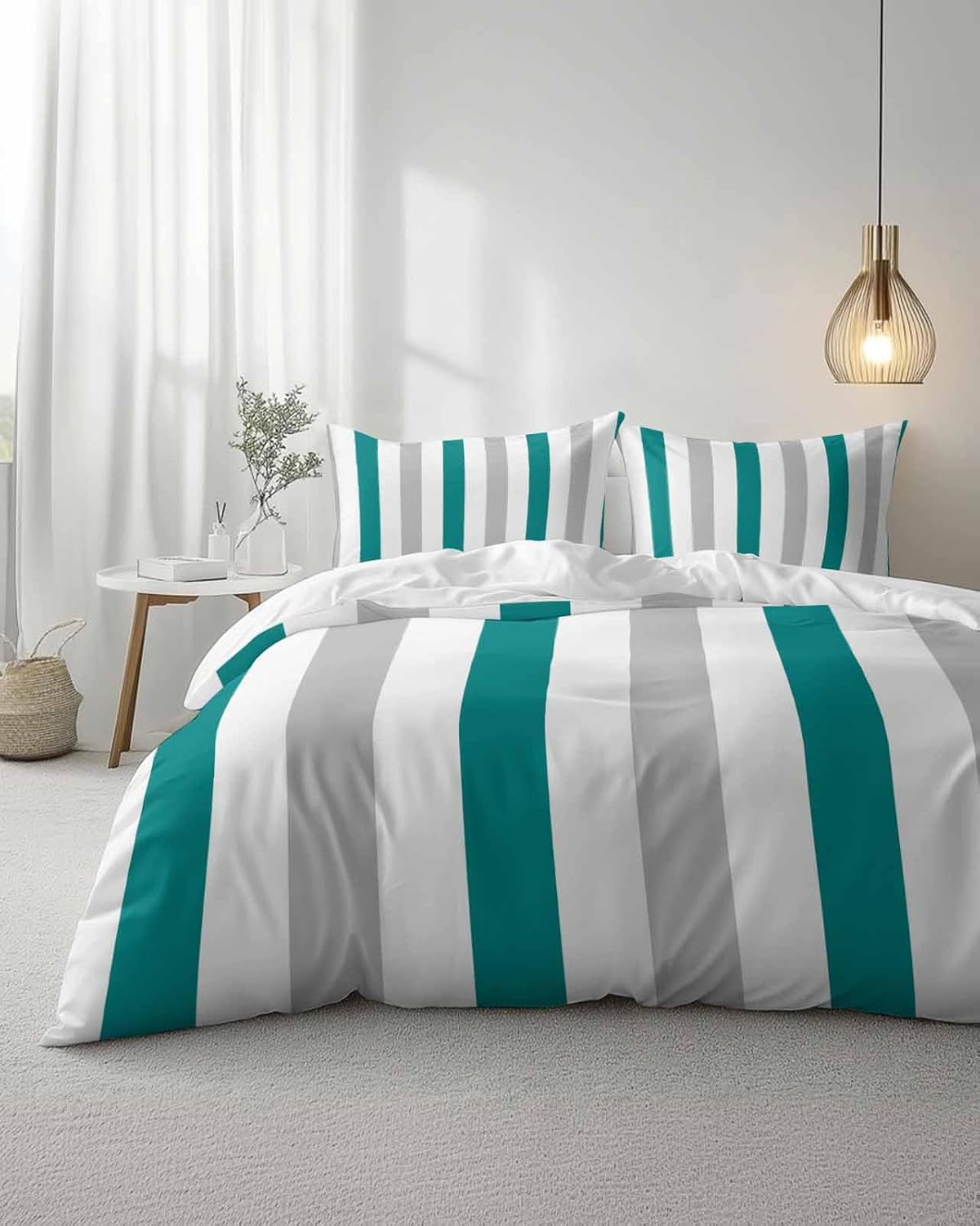 ZOE GARDEN Teal Grey Striped Duvet Cover Queen Set