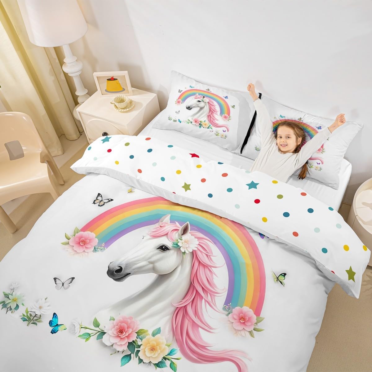 jejeloiu Rainbow Horse Duvet Cover Set