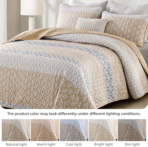 Boho Quilt Set King Size Beige Striped Coverlet 3 Pieces