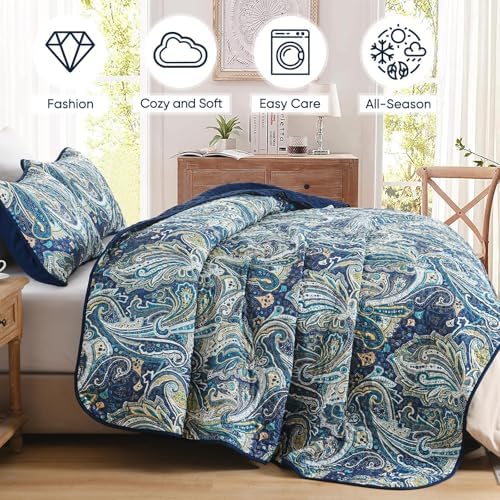 DJY Navy Blue Paisley Quilt Set 3 Piece King Size