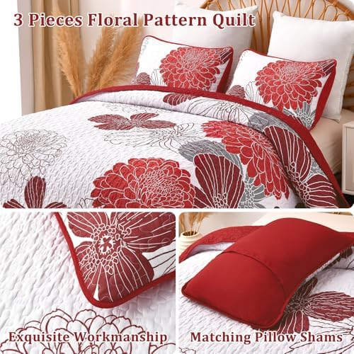 Anibedding Queen Quilt Set Red Floral Pattern 3 Piece