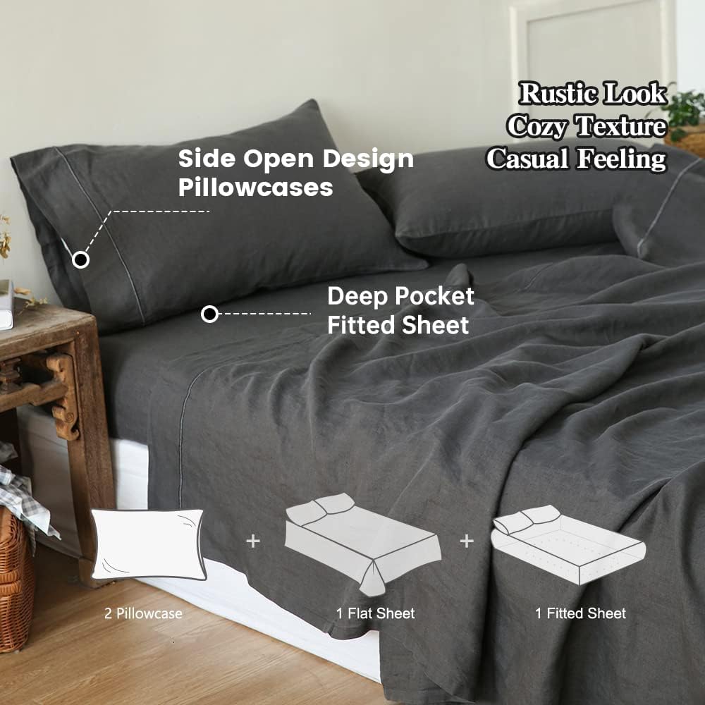 SimpleOpulence Queen Linen Sheet Set with Embroidery 4 pcs - Dark Grey