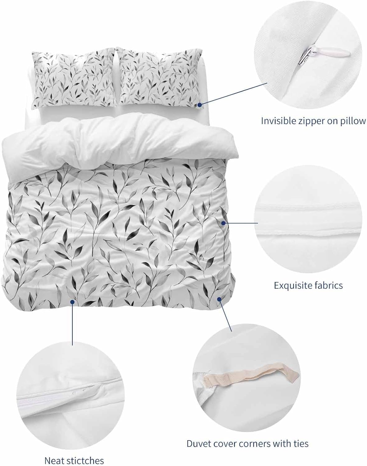 ZOE GARDEN Gray Leaf Bed Duvet Cover Queen Set