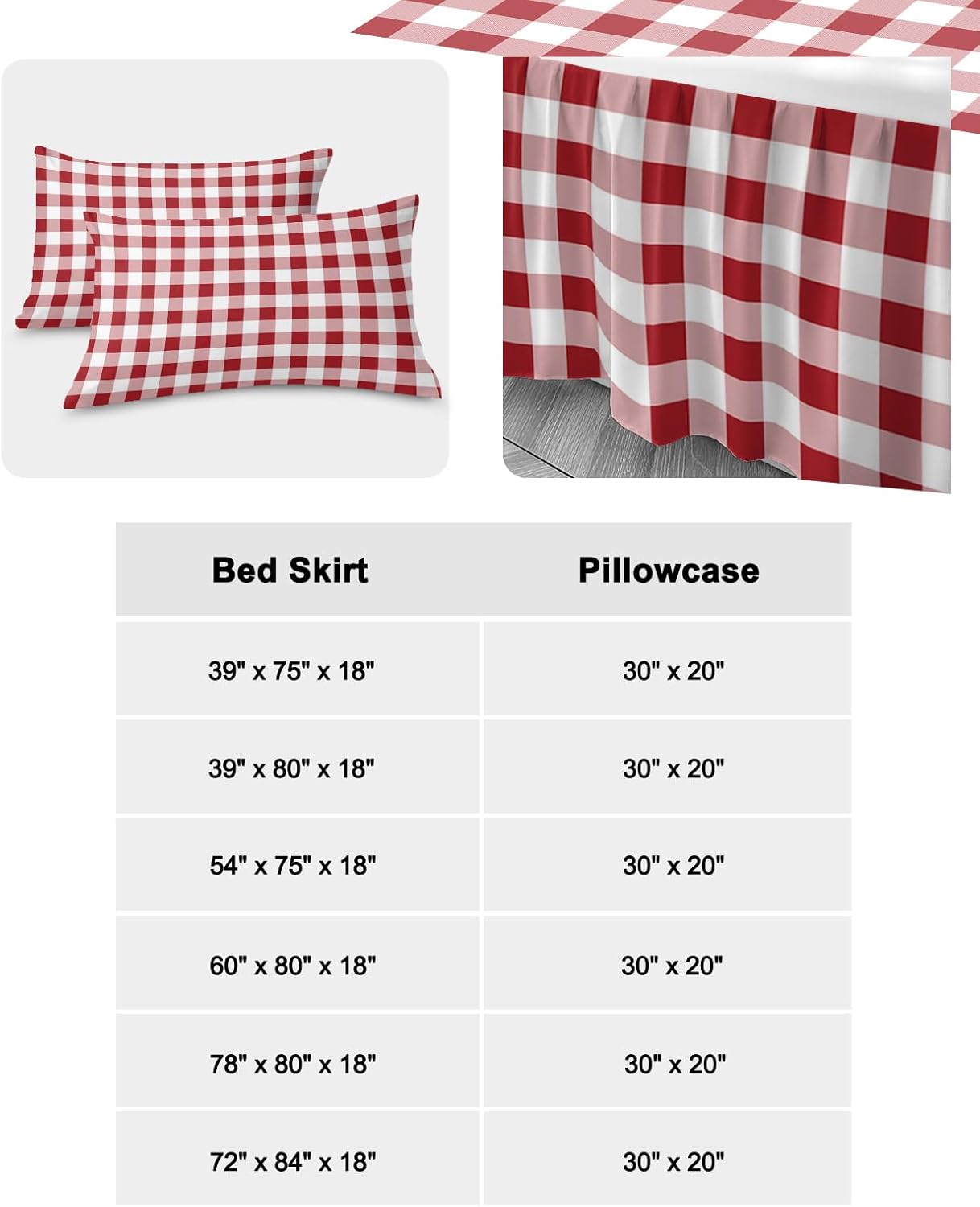 ZFUNCING Rustic Farm Plaid Red White Bed Skirt Set with 2 Pillow Shams