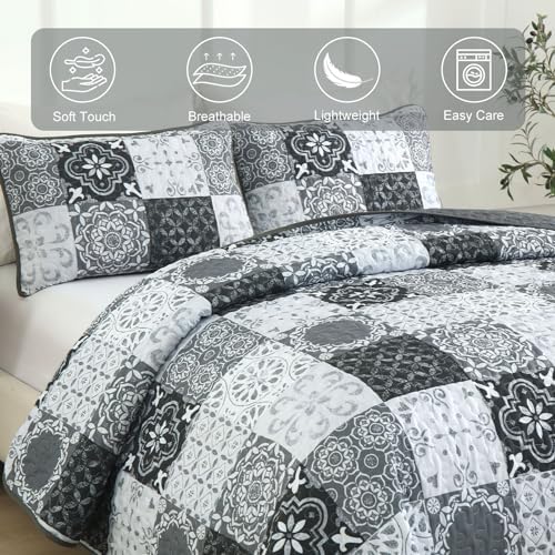 Dobuyly Boho Patchwork Cal King Quilt Set Grey Black 3-Piece Microfiber