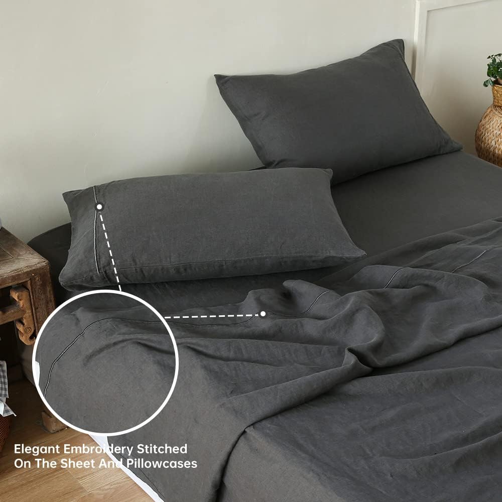 SimpleOpulence Queen Linen Sheet Set with Embroidery 4 pcs - Dark Grey