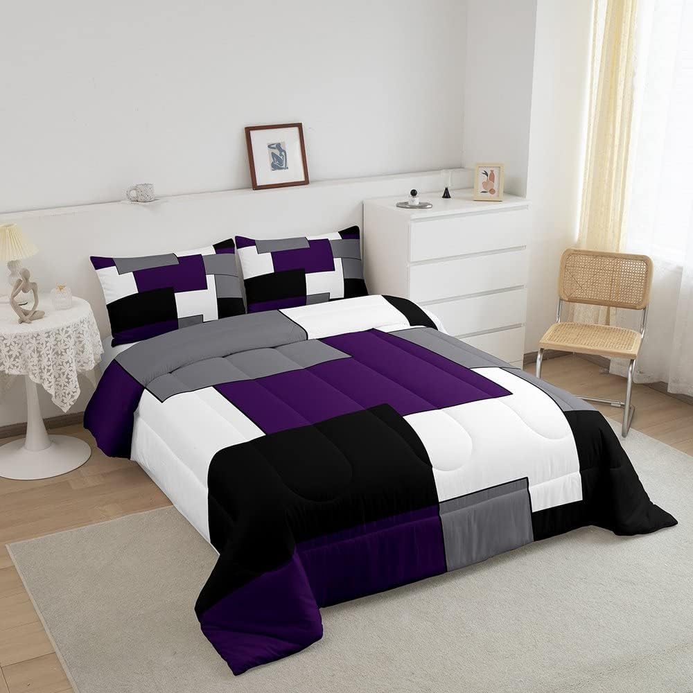 Erosebridal Grey Purple White Black Geometry Comforter Set Queen