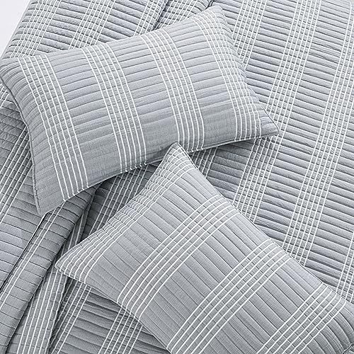 HOMBYS 132x120 Seersucker Patchwork Quilt Set Grey