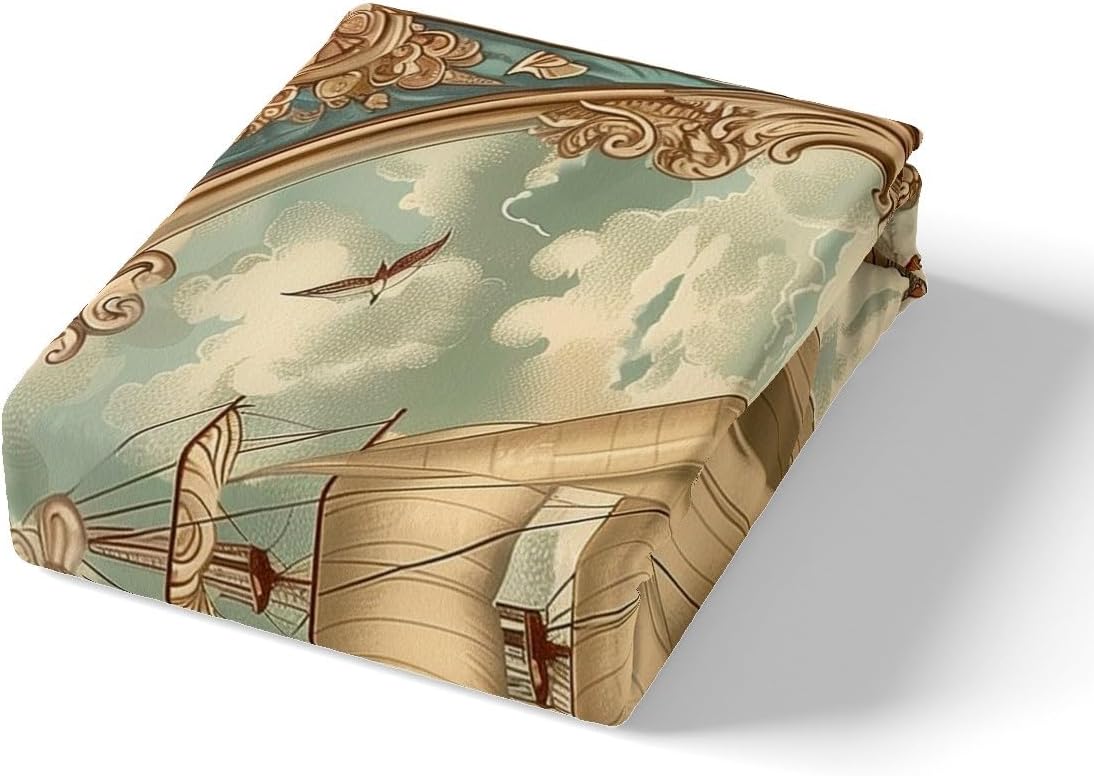 Manfei Nautical Kids Fitted Sheet Set - Blue Beige Ocean Adventure