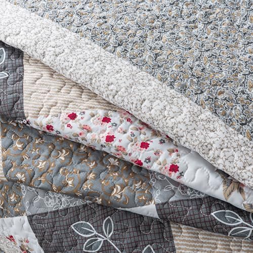 HoneiLife King Quilt Bedding Set - 3 Piece Grey Microfiber Quilt