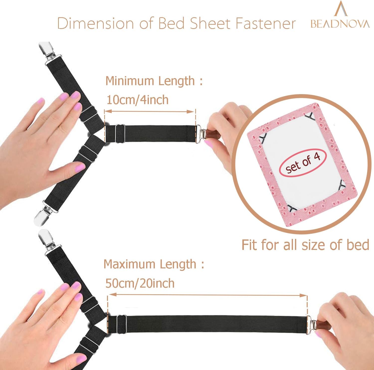 BEADNOVA Adjustable Bed Sheet Straps 4Pcs