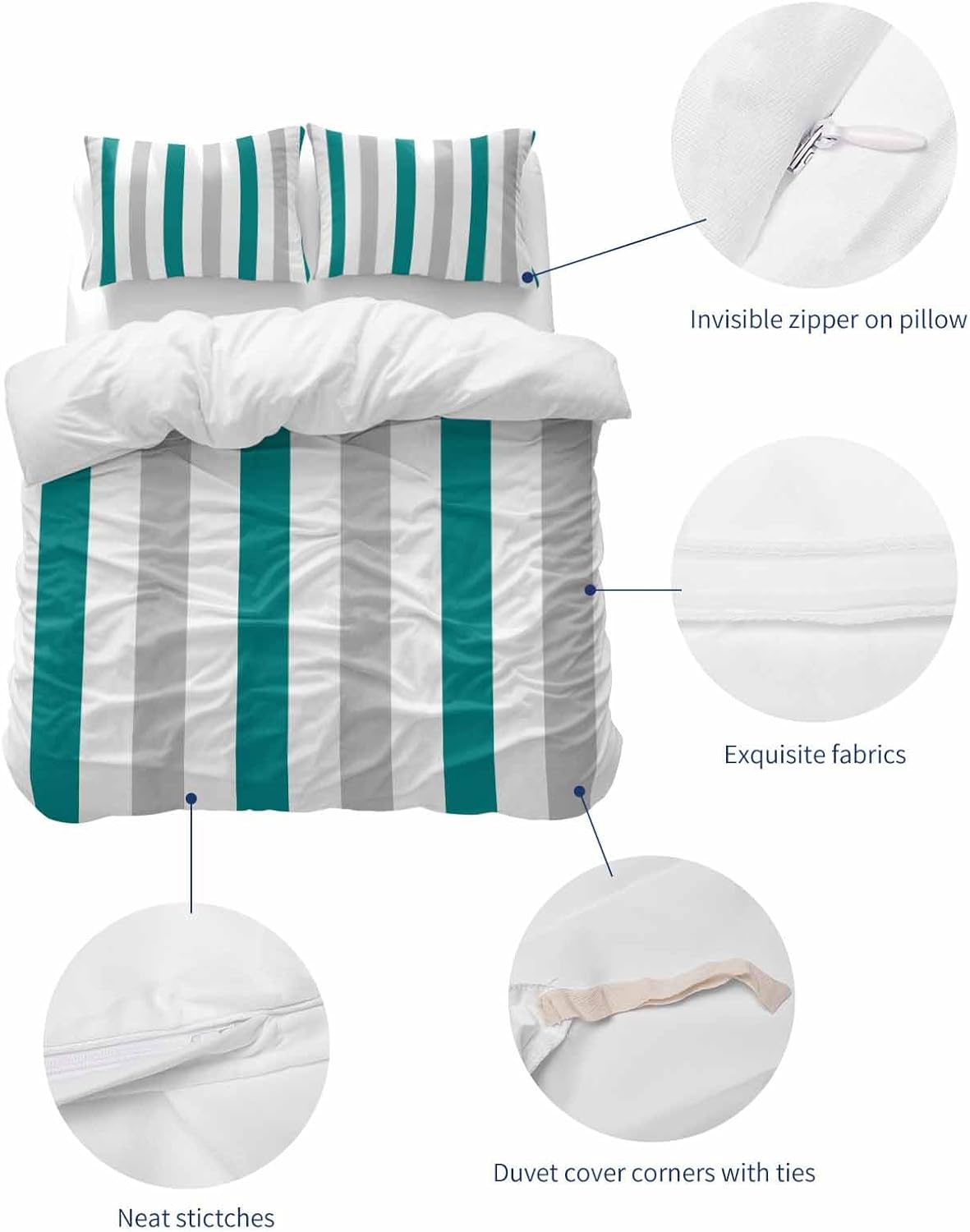 ZOE GARDEN Teal Grey Striped Duvet Cover Queen Set