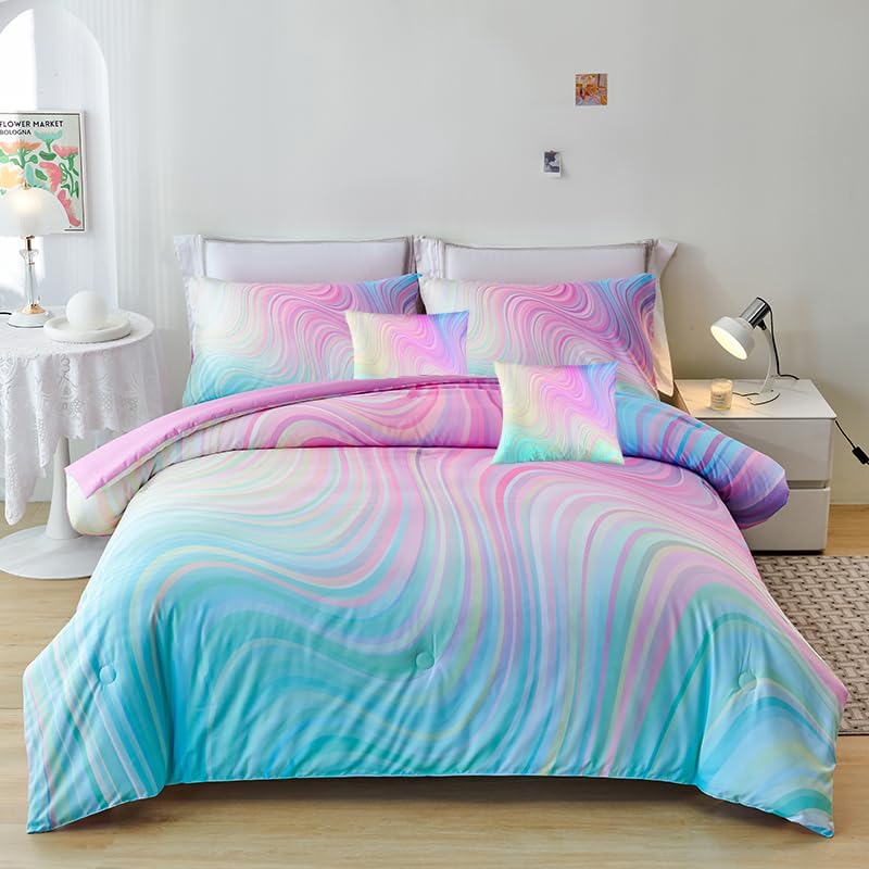 Helloosuu 7PCS Queen Girls Pink Comforter Set