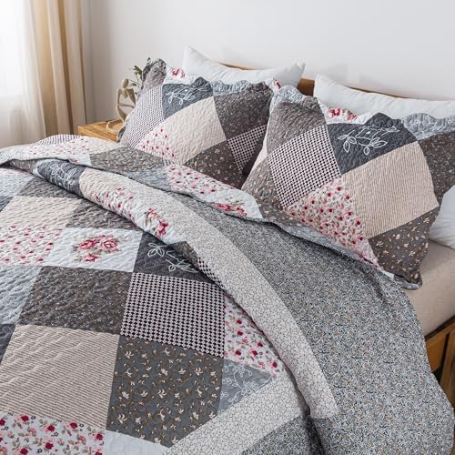 HoneiLife King Quilt Bedding Set - 3 Piece Grey Microfiber Quilt