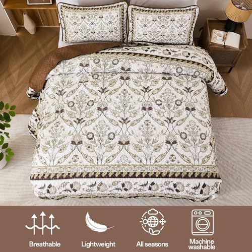 DJY Brown Floral Quilt Set King 3 Pieces
