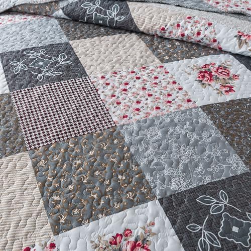 HoneiLife King Quilt Bedding Set - 3 Piece Grey Microfiber Quilt