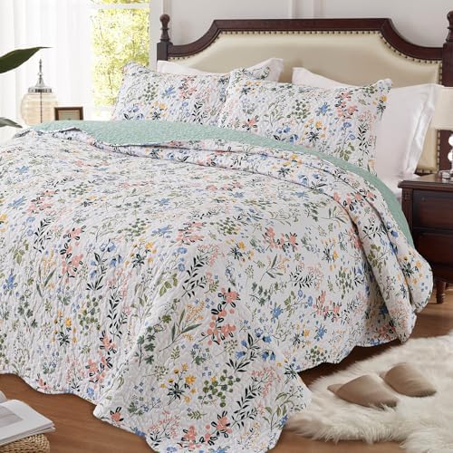 LEAONME 3-Piece Queen Quilt Set Floral Printed Bedspread