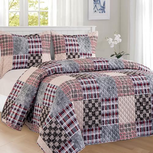 Elegant Comfort 3-Piece Plaid Reversible Quilt Set - King Brown