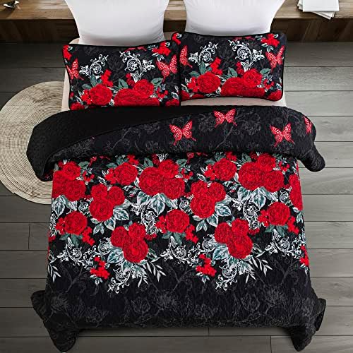 Yiran Black Floral Quilt Set King Size 3 Piece
