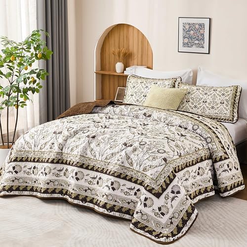 DJY Brown Floral Quilt Set King 3 Pieces