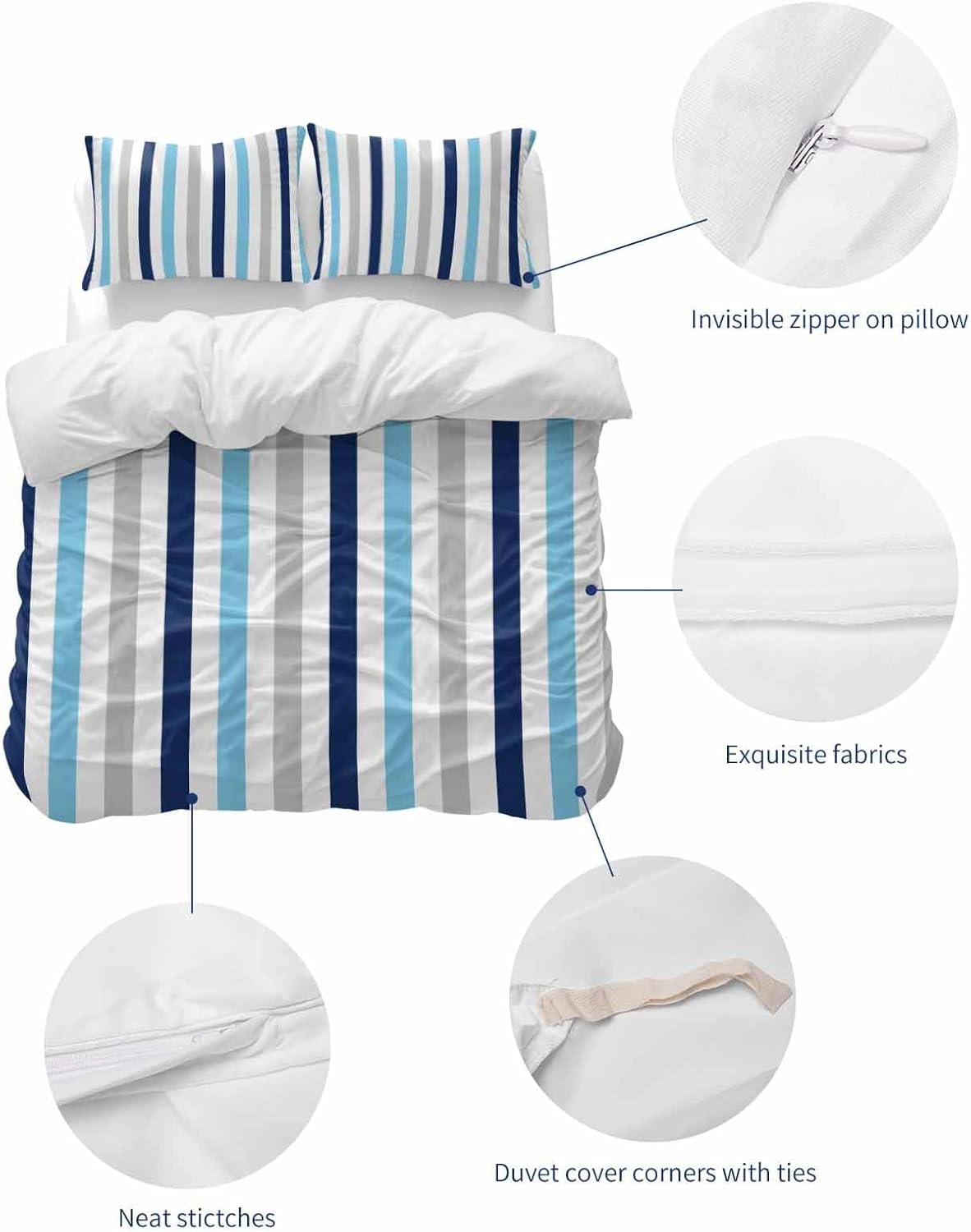ZOE GARDEN Navy Blue Stripe Queen Duvet Cover Set 3 pcs