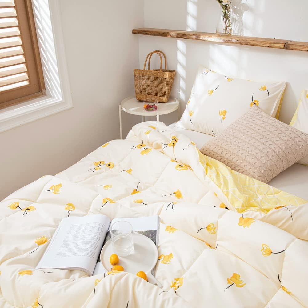 Bedorm Yellow Floral Comforter Set Twin Size