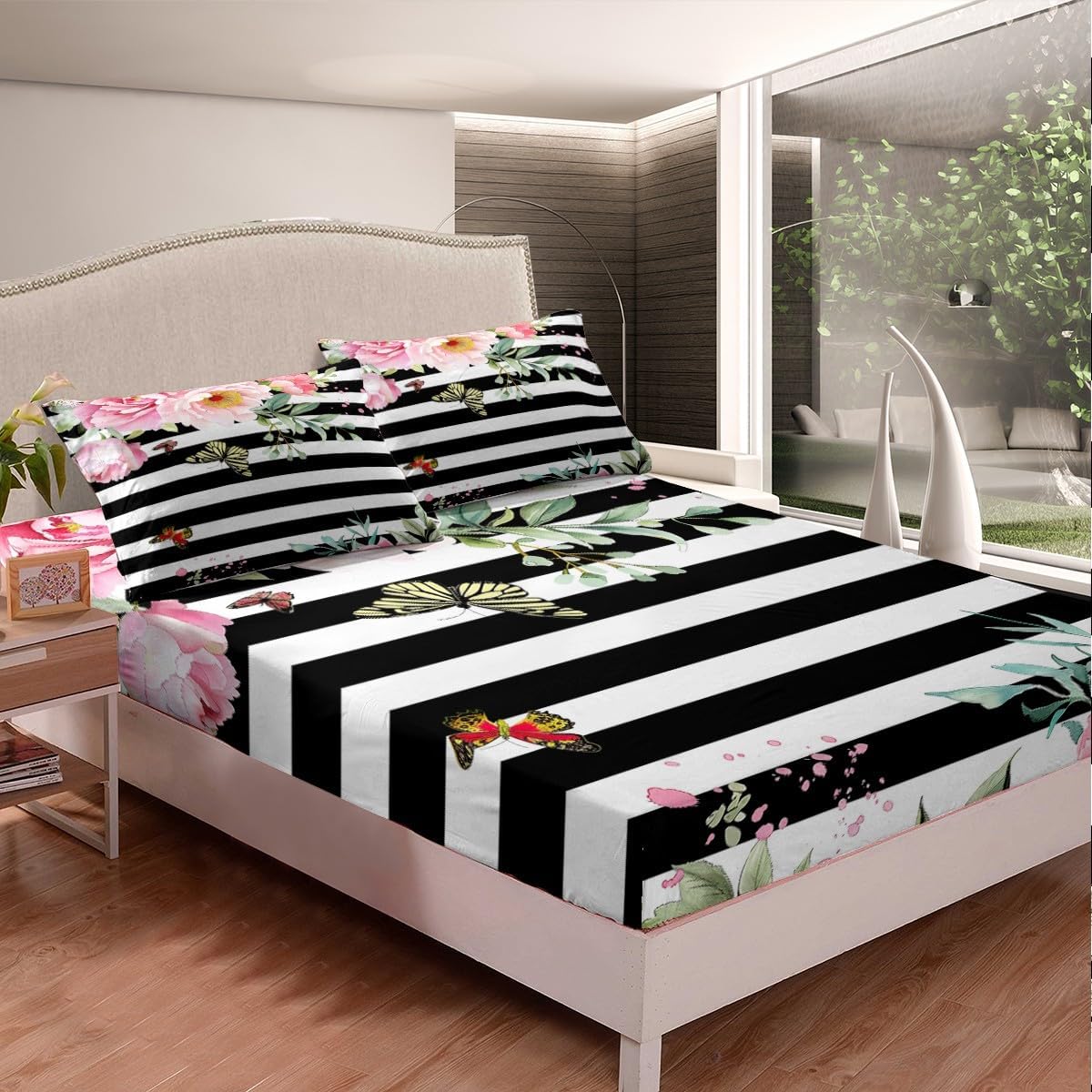 Erosebridal Pink Floral Sheet Set with 2 Pillowcases King Size