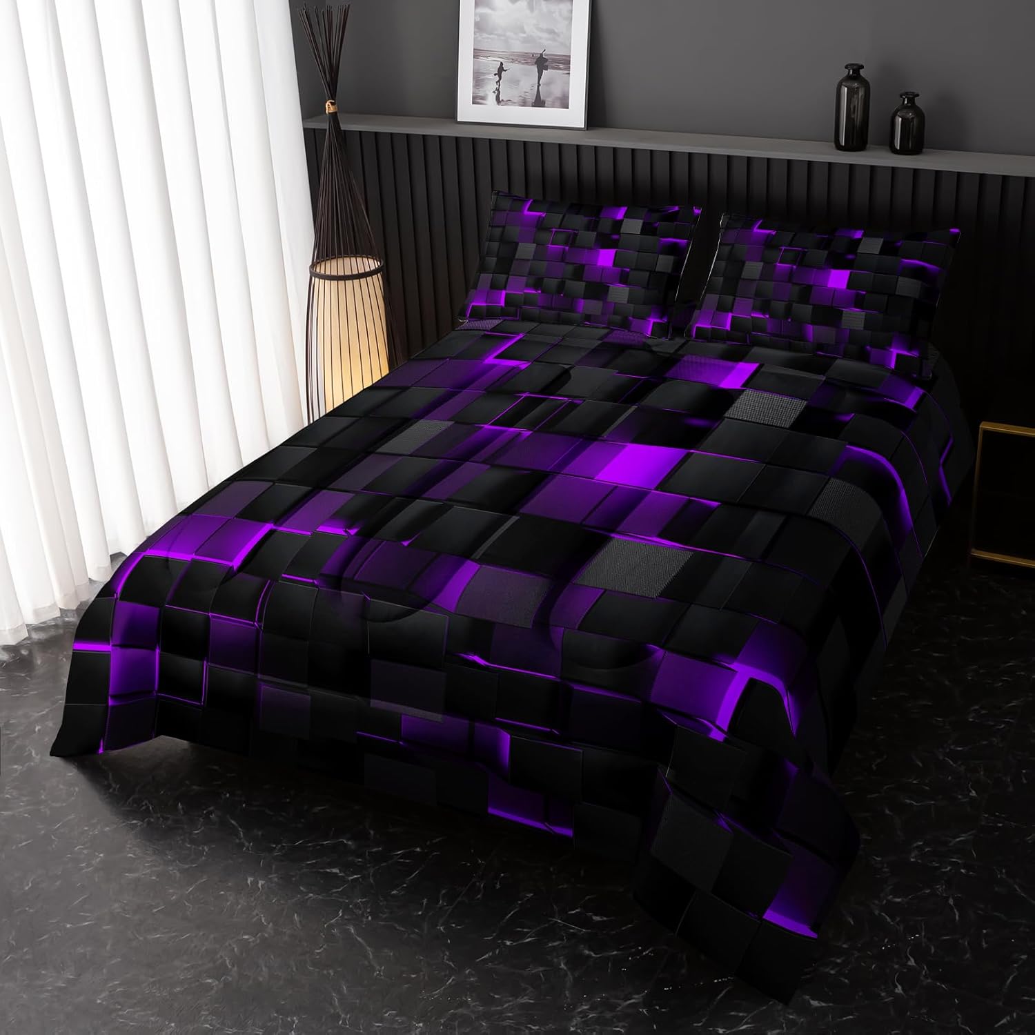 Neon Purple Black Geometric Comforter Set Queen 3PCS