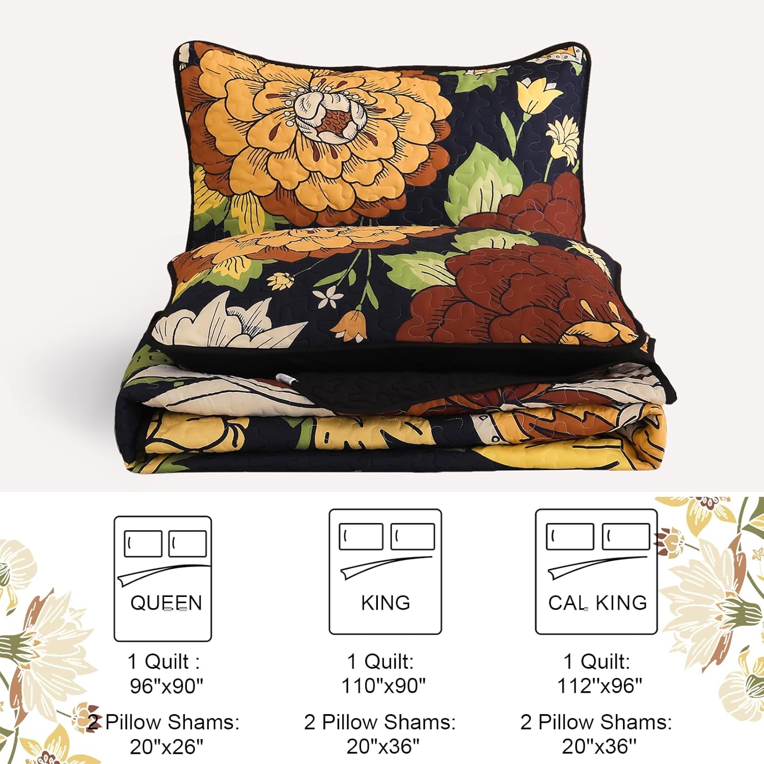DJY Floral Quilt Set - Boho Cal King 3 Piece Bedding