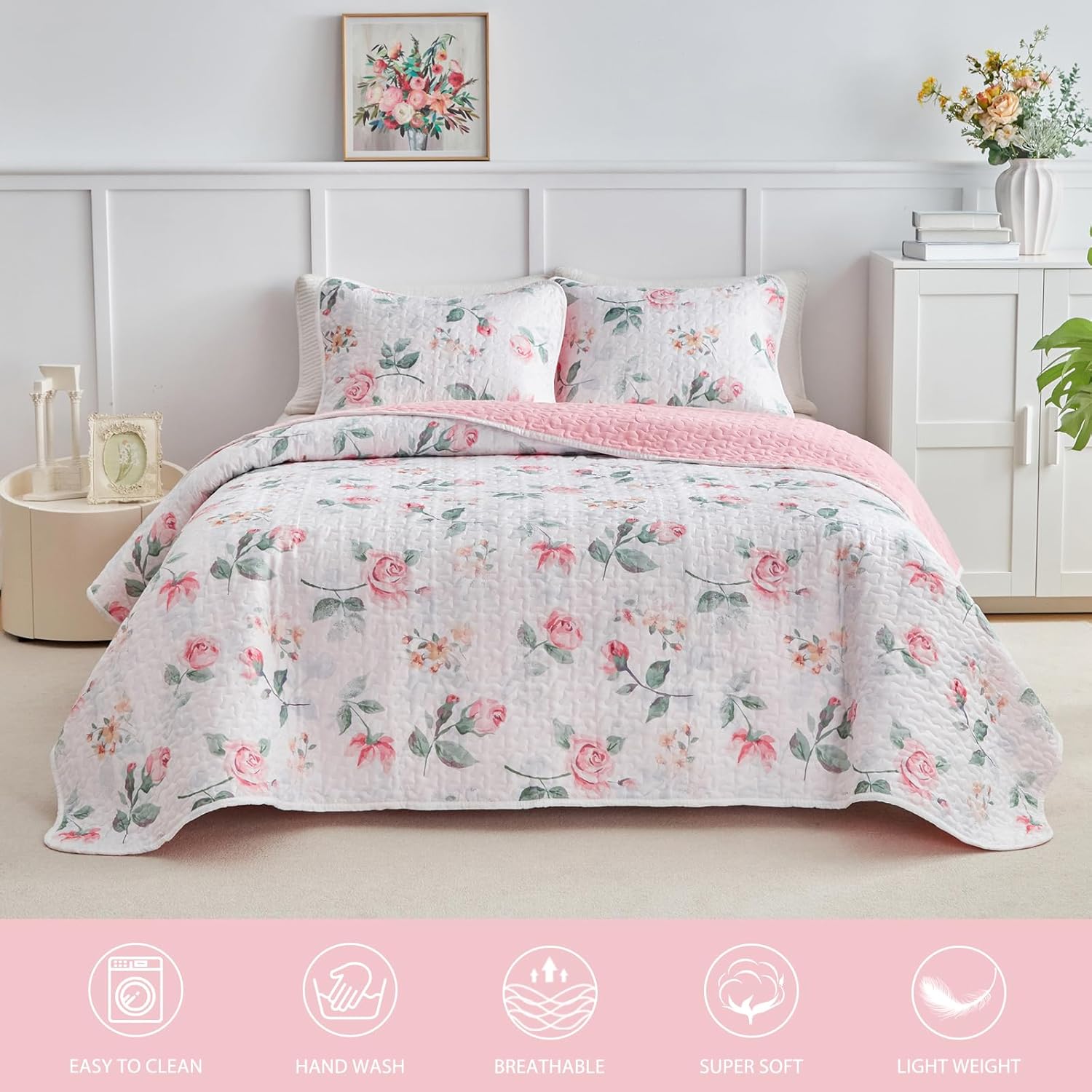 UOZZI Floral Quilt Set Queen Size 88x88 3PC Reversible