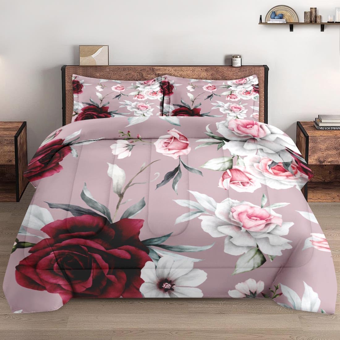 Pamnest Comforter Set King Size with Rose Flower Leaves 1