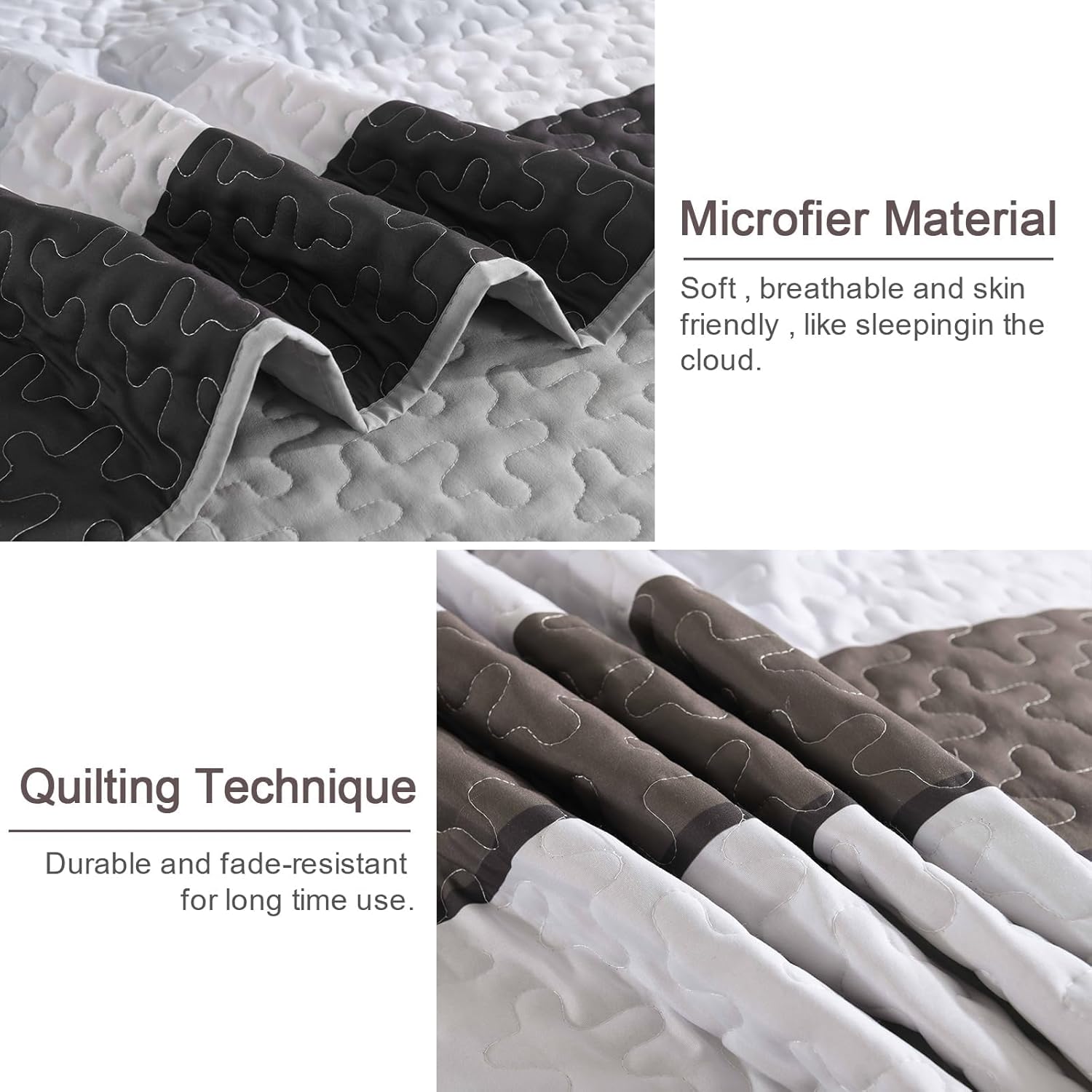 Dinjoy Grey Boho Quilt Set Queen Size Striped Patchwork 1