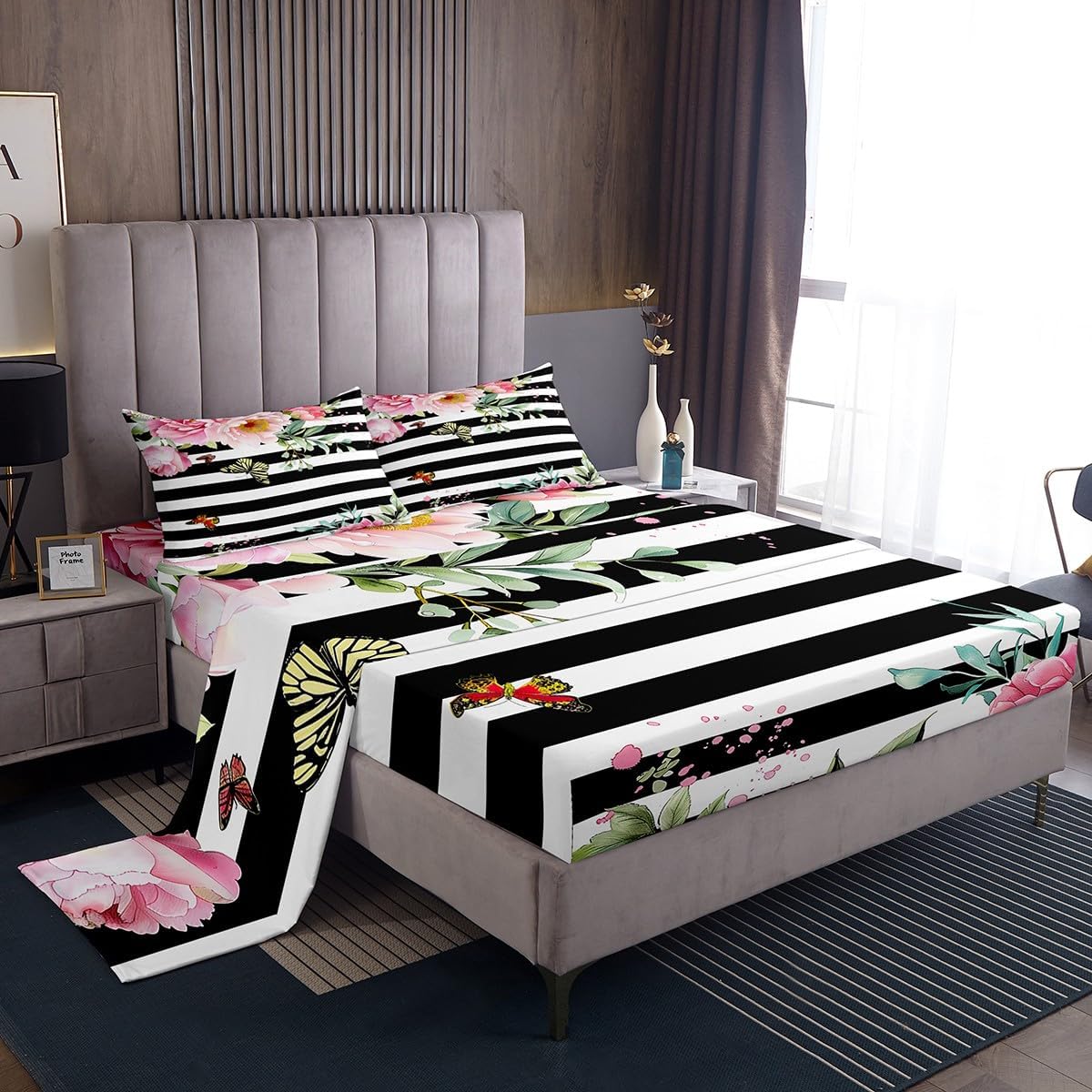 Erosebridal Pink Floral Sheet Set with 2 Pillowcases King Size