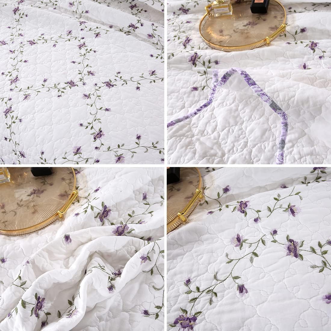 Vctops 3-Piece Floral Embroidered Quilt Set Twin