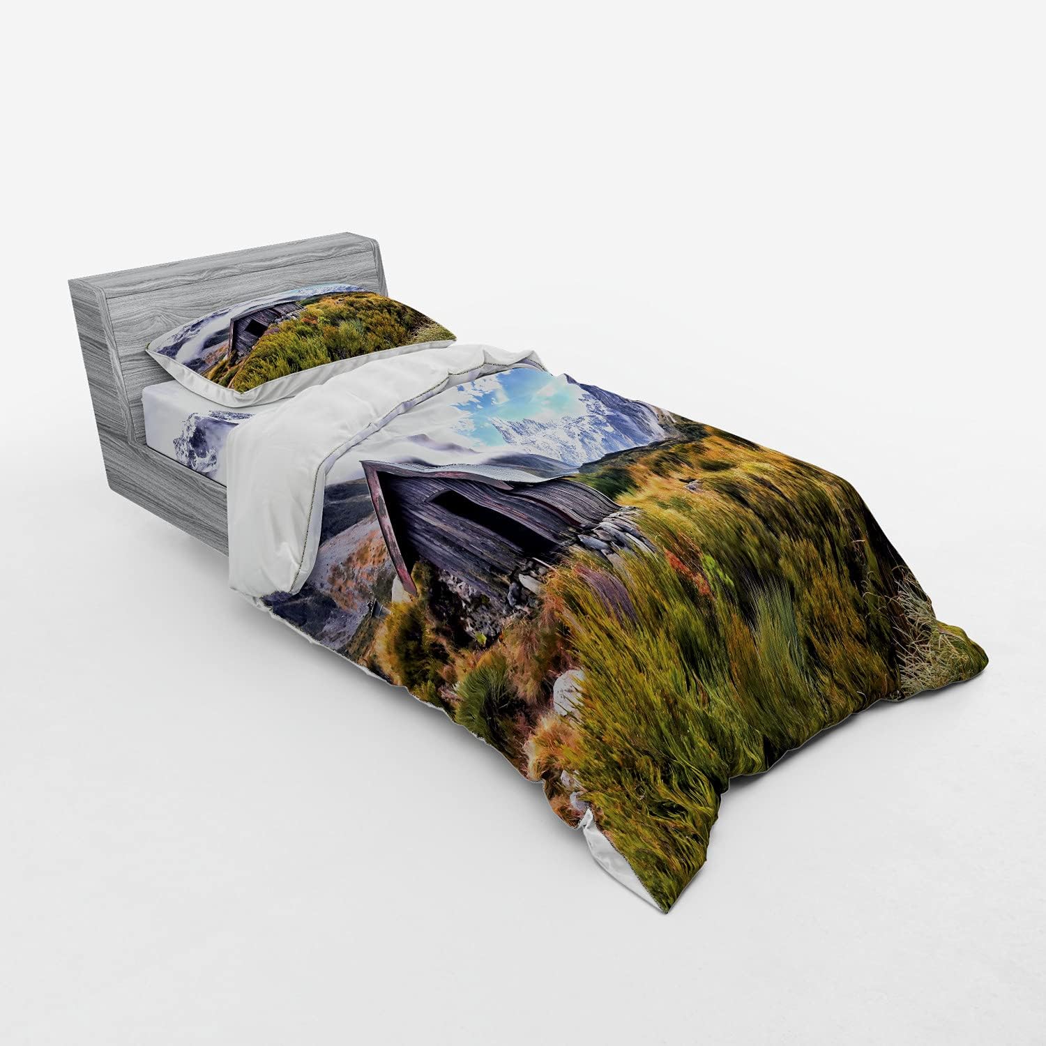 Ambesonne Landscape Bedding Set Twin Size Green Grey