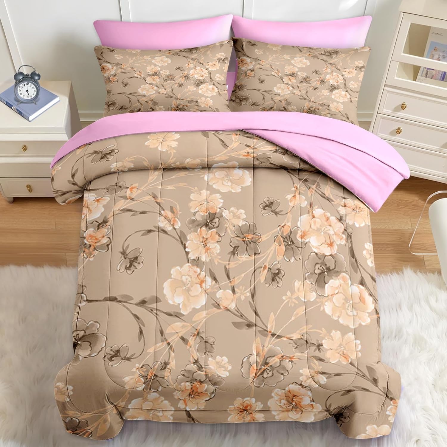 Nesker 7 Pcs Comforter Set King Size Floral Bedding